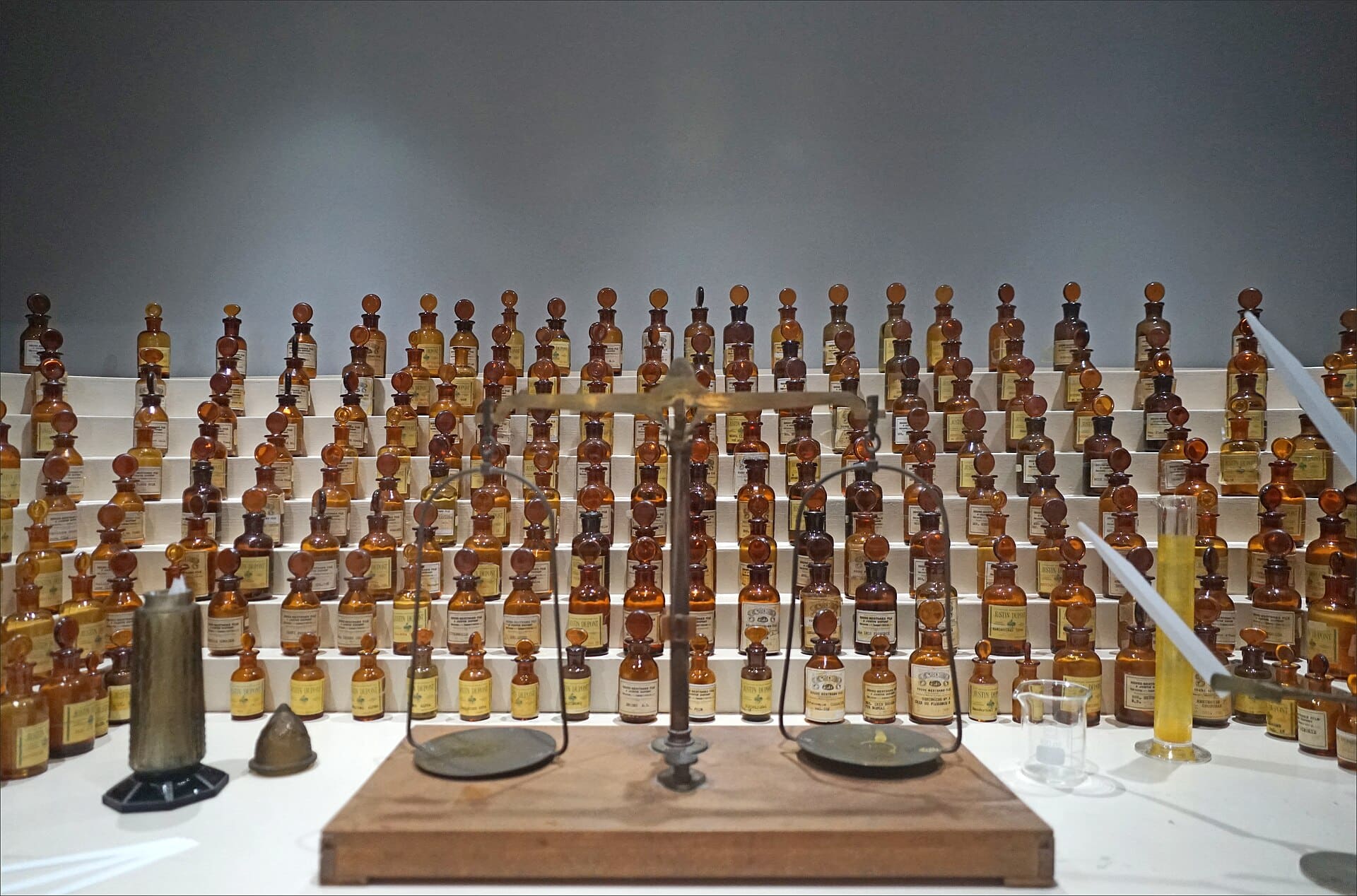 The perfume organ of the perfumer Jean Carles, tiers of small amber bottles, at the International Perfume Museum in Grasse