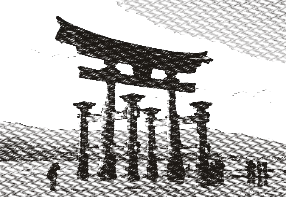 The floating torii gate of the Itsukushima Shrine in Japan, during low tide