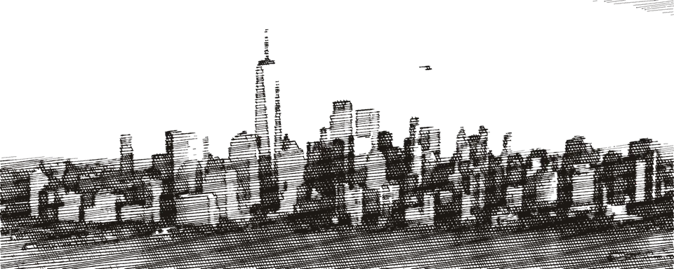 Downtown Manhattan Skyline seen from Paulus Hook showing various ferry services departing the Battery Park City ferry terminal, and helicopt