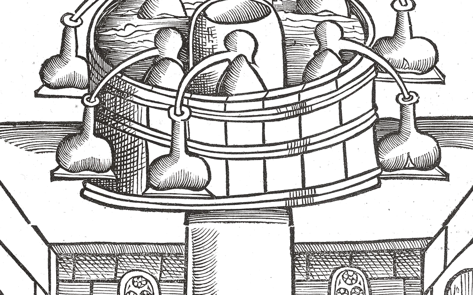 A woodcut from Brunschwig's book on distillation: stills set into a brick furnace
